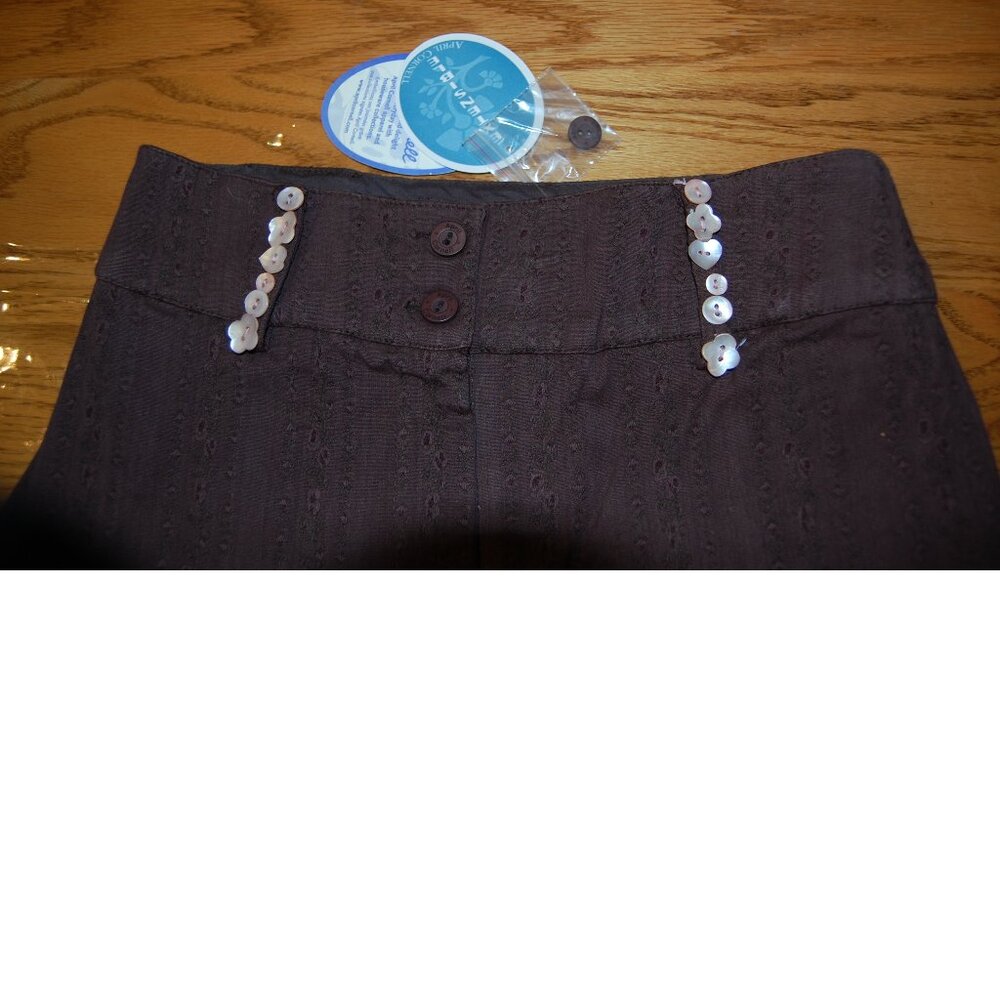 NEW April Cornell Brown Cotton Pants with Shell Buttons Medium CLEARANCE